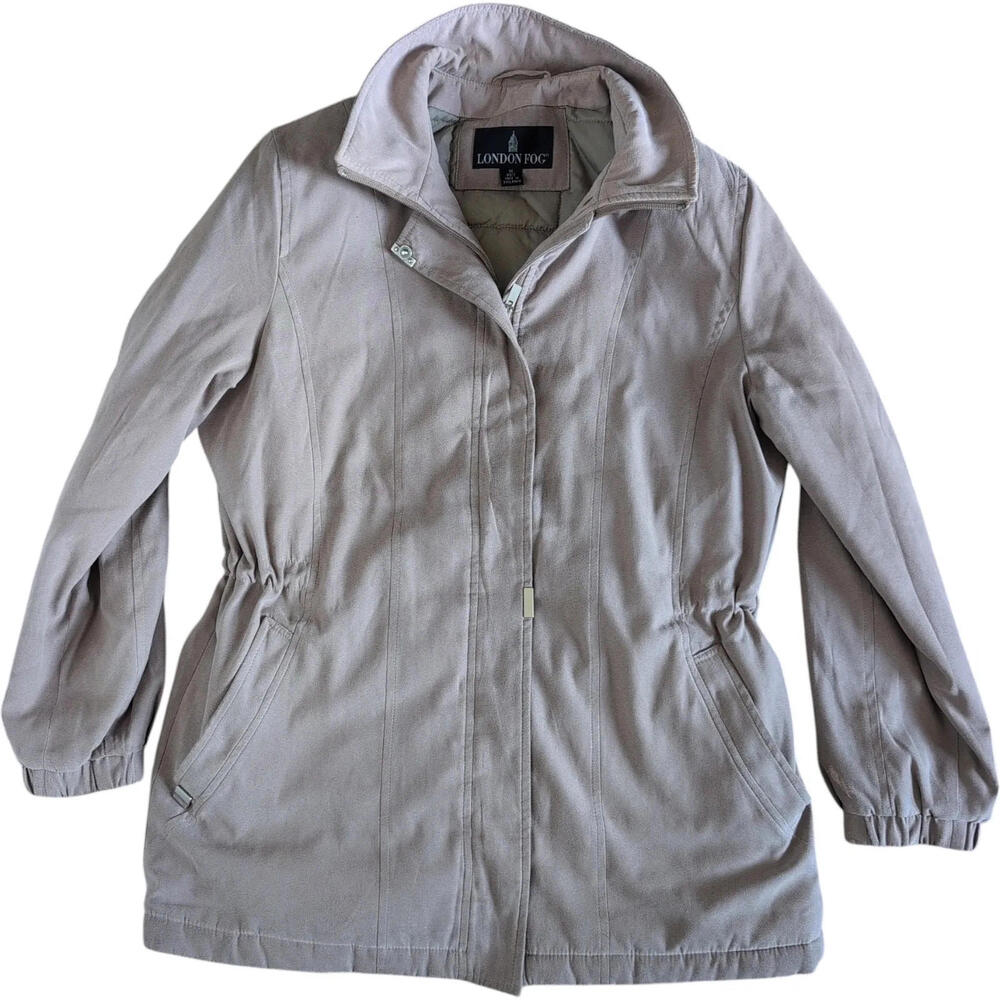 London Fog Coat Womens PM Beige Microfiber Zip Parka Drawstring Waist Insulated